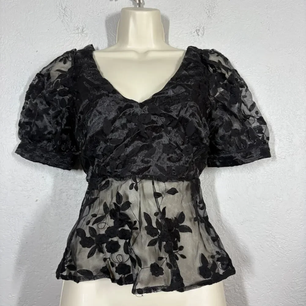 NEW! Lulus Sheer Lace Crop Formal Blouse Top Tie Front Black Formal Floral - S